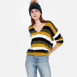 Express Chenille Striped V-Neck Sweater